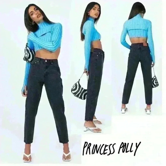 Princess Polly Zaiden Straight Leg High Waisted Jeans Washed Black Cotton size6 - Picture 1 of 11